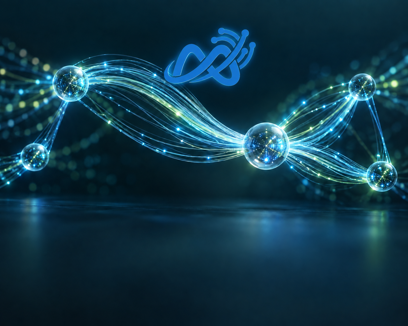 M-Net ICT logo above luminous fiber-optic strands and glass network nodes